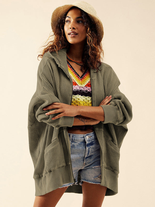 Jackets Hoodies- Waffle Zip-up Jacket - Oversized Hoodie- Green- Pekosa Women Clothing