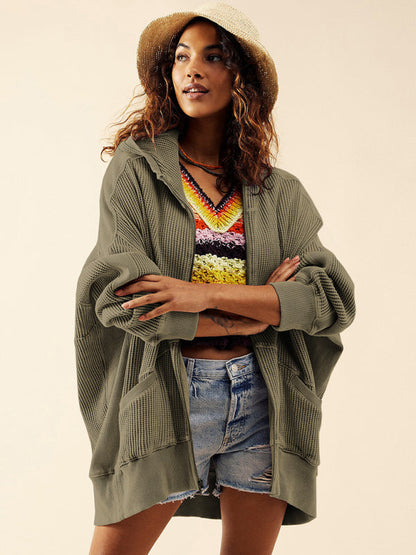 Jackets Hoodies- Waffle Zip-up Jacket - Oversized Hoodie- Green- Pekosa Women Clothing