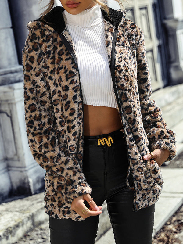 Jackets- Leopard Luxe Jacket: Cozy Faux-Fur Hoodie for Winter Fashion- Leopard- Pekosa Women Clothing