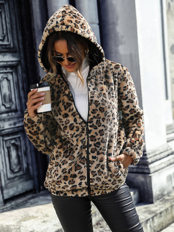 Jackets- Leopard Luxe Jacket: Cozy Faux-Fur Hoodie for Winter Fashion- - Pekosa Women Clothing