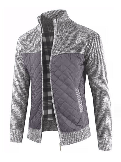 Jackets- Men's Plaid Lined Patchwork Knit Quilted Jacket- Misty grey- Pekosa Women Clothing