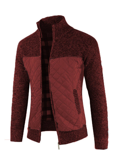 Jackets- Men's Plaid Lined Patchwork Knit Quilted Jacket- Red- Pekosa Women Clothing