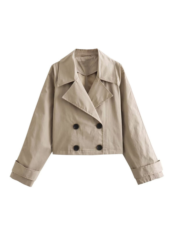 Jackets- Notch Lapel Double-Breasted Jacket - Fall Crop Jacket- Khaki- Pekosa Women Clothing