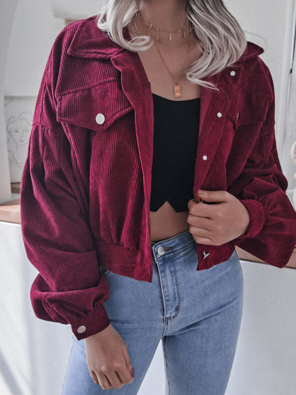 Jackets- Oversized Corduroy Aviator Winter Jacket- Wine Red- Pekosa Women Clothing