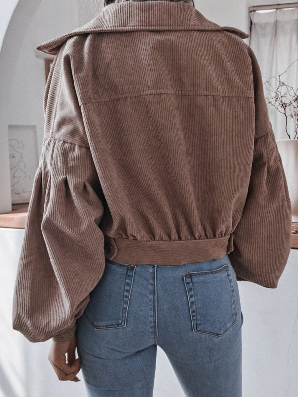 Jackets- Oversized Corduroy Aviator Winter Jacket- Khaki- Pekosa Women Clothing