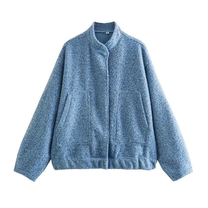 Jackets- Oversized Wool Outerwear | Stand Collar Wool Jacket- Royal blue- Pekosa Women Clothing