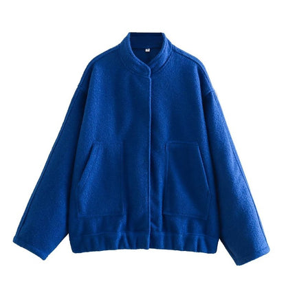 Jackets- Oversized Wool Outerwear | Stand Collar Wool Jacket- Blue- Pekosa Women Clothing