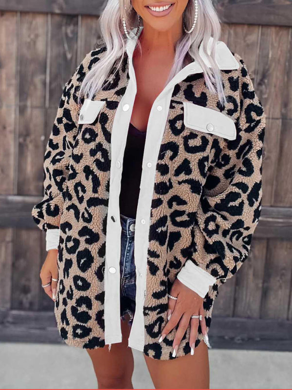 Jackets- Plush Contrast Animal Print Button Jacket- White- Pekosa Women Clothing