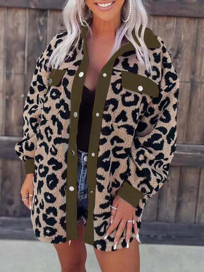 Jackets- Plush Contrast Animal Print Button Jacket- Olive green- Pekosa Women Clothing