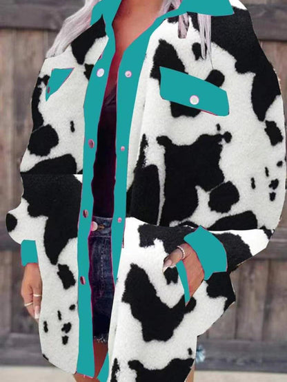 Jackets- Plush Contrast Animal Print Button Jacket- Turquoise- Pekosa Women Clothing