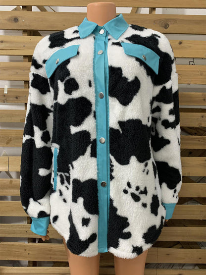 Jackets- Plush Contrast Animal Print Button Jacket- - Pekosa Women Clothing