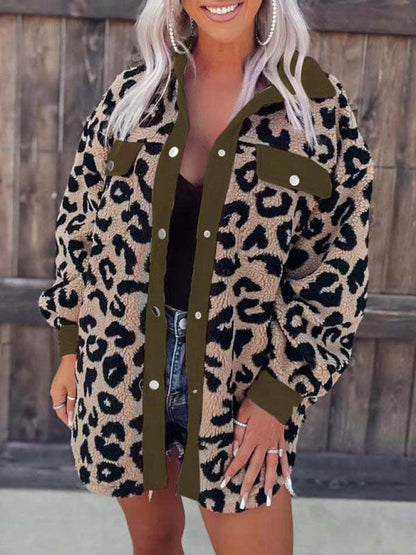 Jackets- Plush Contrast Animal Print Button Jacket- - Pekosa Women Clothing