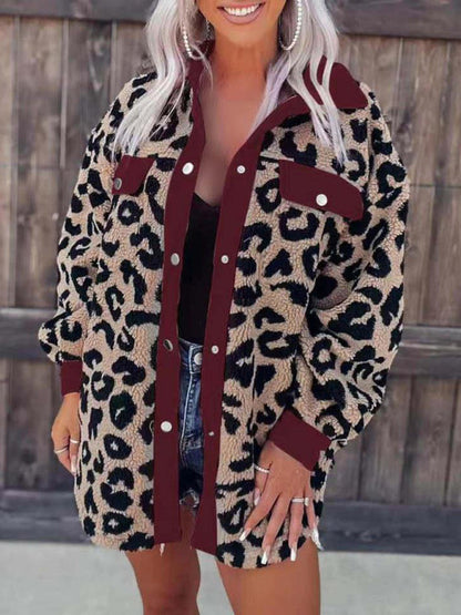 Jackets- Plush Contrast Animal Print Button Jacket- - Pekosa Women Clothing