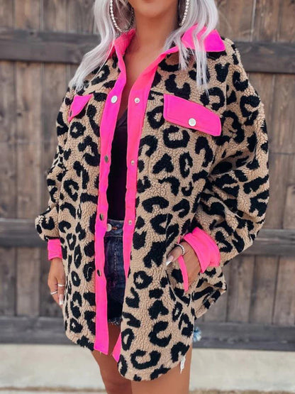 Jackets- Plush Contrast Animal Print Button Jacket- Pink- Pekosa Women Clothing