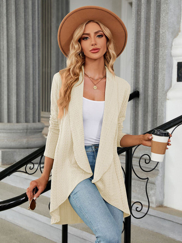 Jackets- Shawl Lapels Mid-Length Cardigan - Fall-Winter Knitted High-Low Blazer- Cracker khaki- Pekosa Women Clothing