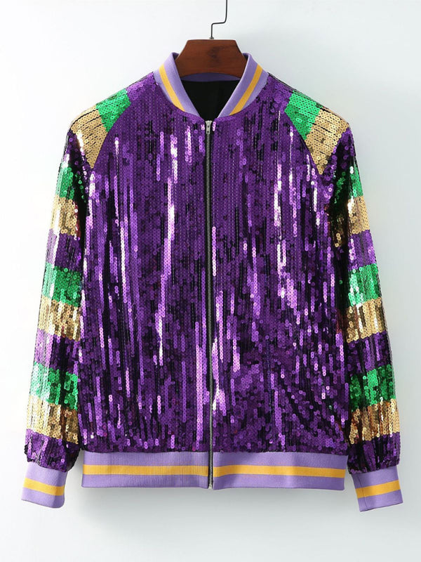 Jackets- Sparkling Mardi Gras Sequined Baseball Zip-Up Sport Jacket- - Pekosa Women Clothing