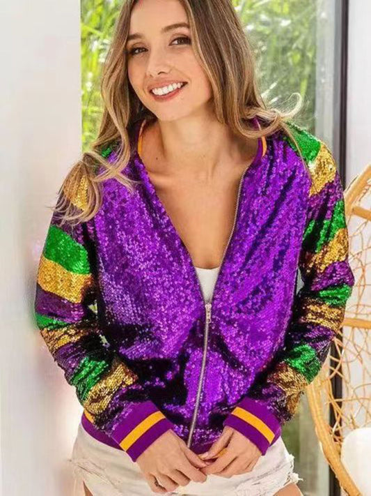 Jackets- Sparkling Mardi Gras Sequined Baseball Zip-Up Sport Jacket- Purple- Pekosa Women Clothing