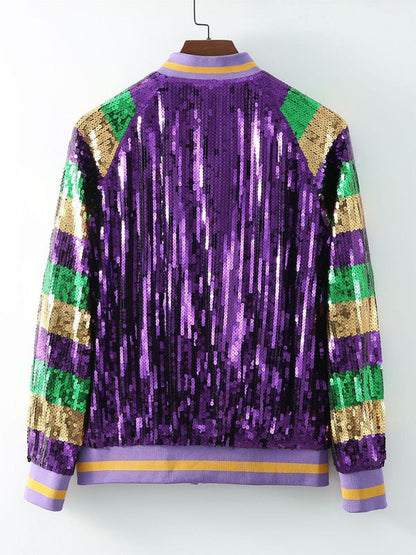 Jackets- Sparkling Mardi Gras Sequined Baseball Zip-Up Sport Jacket- - Pekosa Women Clothing