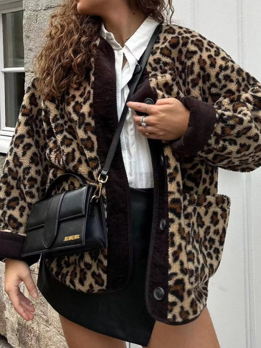 Jackets- Warmer Cozy Animal Print Button-Up Jacket- Leopard- Pekosa Women Clothing