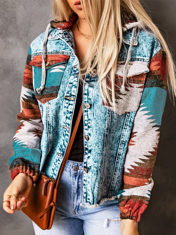 Jackets- Washed Denim Aztec Print Hooded Shacket | Distressed Denim Hoodie Jacket- - Pekosa Women Clothing