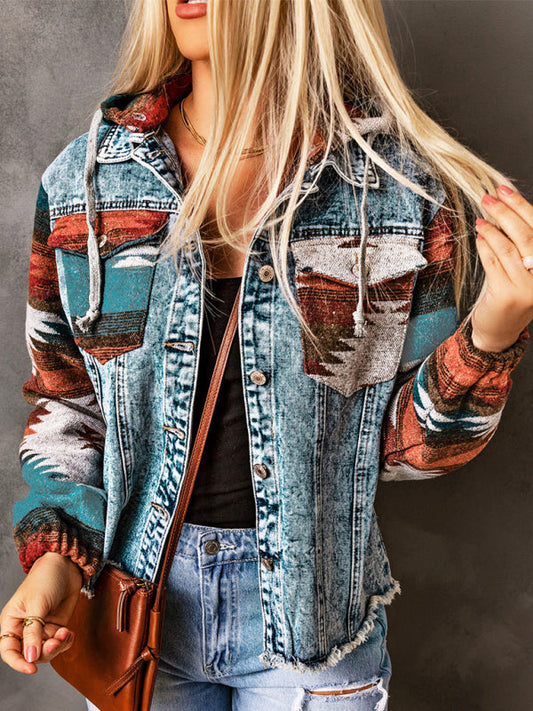 Jackets- Washed Denim Aztec Print Hooded Shacket | Distressed Denim Hoodie Jacket- Pattern1- Pekosa Women Clothing