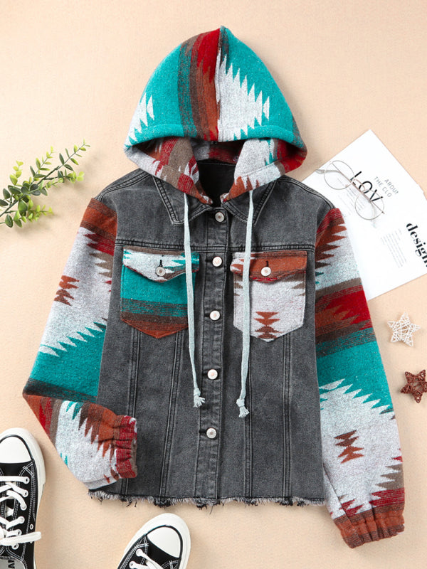 Jackets- Washed Denim Aztec Print Hooded Shacket | Distressed Denim Hoodie Jacket- - Pekosa Women Clothing