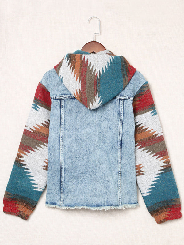 Jackets- Washed Denim Aztec Print Hooded Shacket | Distressed Denim Hoodie Jacket- - Pekosa Women Clothing