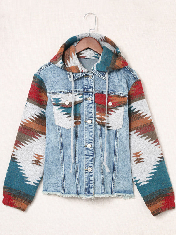 Jackets- Washed Denim Aztec Print Hooded Shacket | Distressed Denim Hoodie Jacket- - Pekosa Women Clothing