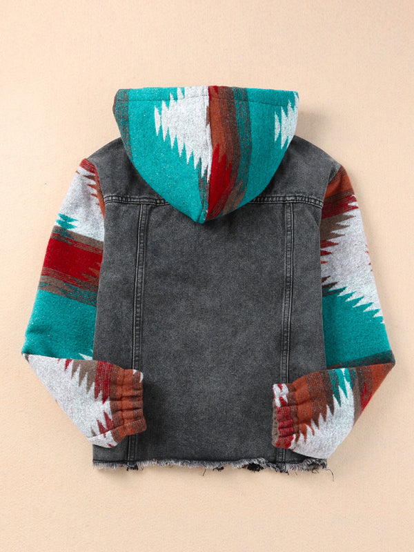 Jackets- Washed Denim Aztec Print Hooded Shacket | Distressed Denim Hoodie Jacket- - Pekosa Women Clothing