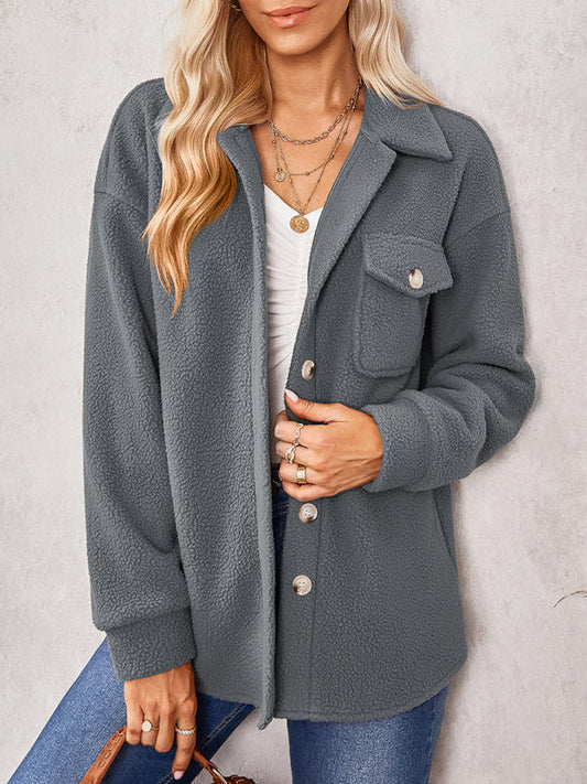 Jackets- Winter Essential: Faux Fur Fabric, Side Flap Pocket, Plush Jacket- Charcoal grey- Pekosa Women Clothing