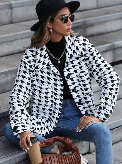 Jackets- Winter Essential: Women's Plush Fleece Houndstooth Jacket- White- Pekosa Women Clothing