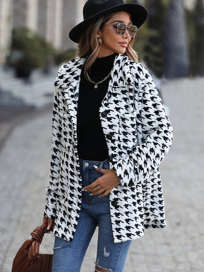 Jackets- Winter Essential: Women's Plush Fleece Houndstooth Jacket- - Pekosa Women Clothing