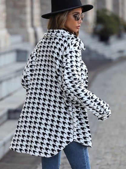 Jackets- Winter Essential: Women's Plush Fleece Houndstooth Jacket- - Pekosa Women Clothing