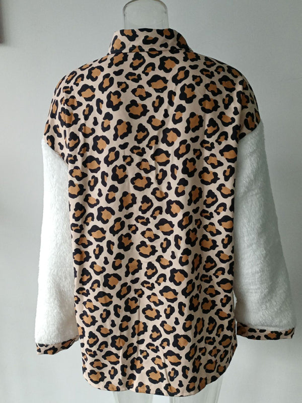 Jackets- Winter Plush Collared Shacket | Cozy Animal Print Patched Shirt Jacket- - Pekosa Women Clothing