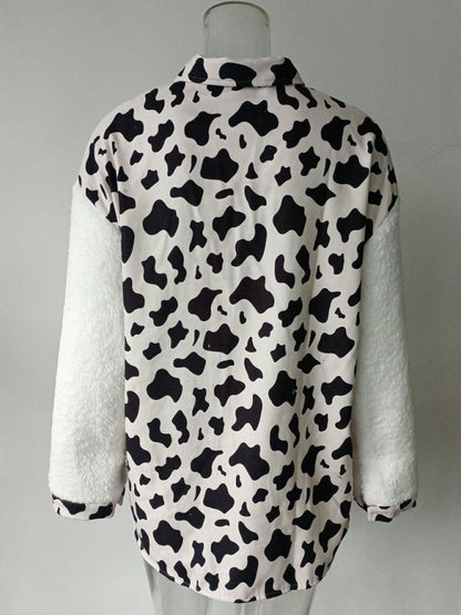 Jackets- Winter Plush Collared Shacket | Cozy Animal Print Patched Shirt Jacket- - Pekosa Women Clothing