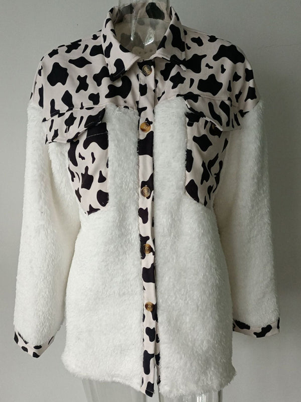 Jackets- Winter Plush Collared Shacket | Cozy Animal Print Patched Shirt Jacket- - Pekosa Women Clothing