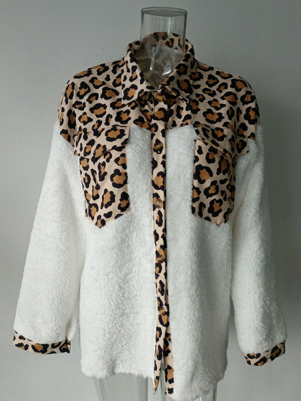 Jackets- Winter Plush Collared Shacket | Cozy Animal Print Patched Shirt Jacket- - Pekosa Women Clothing