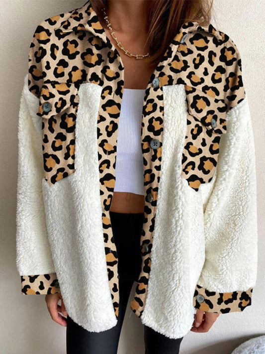 Jackets- Winter Plush Collared Shacket | Cozy Animal Print Patched Shirt Jacket- Pattern1- Pekosa Women Clothing