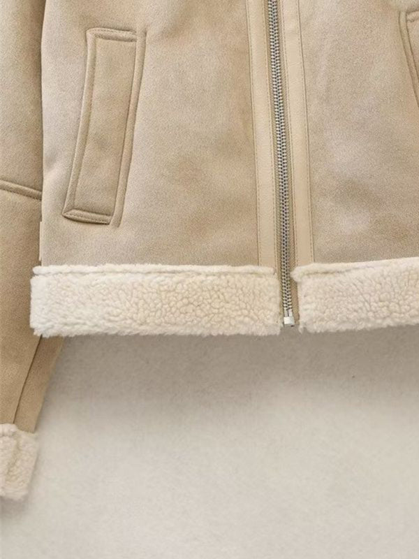 Jackets- Women's Aviator Jacket in Faux Lamb Wool & Suede Leather- - Pekosa Women Clothing