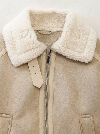 Jackets- Women's Aviator Jacket in Faux Lamb Wool & Suede Leather- - Pekosa Women Clothing