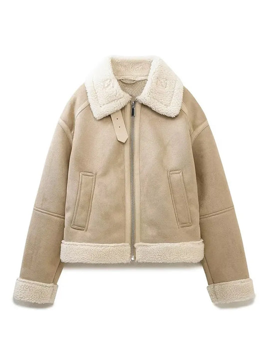 Jackets- Women's Aviator Jacket in Faux Lamb Wool & Suede Leather- Cracker khaki- Pekosa Women Clothing