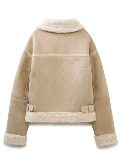 Jackets- Women's Aviator Jacket in Faux Lamb Wool & Suede Leather- - Pekosa Women Clothing