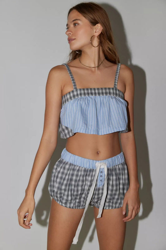 Jammies- Summer Plaid Lounge Pajamas with Crop Top & Shorts- Blue- Pekosa Women Clothing