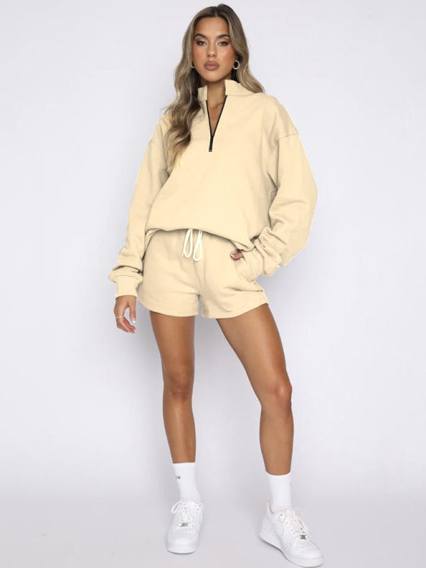 Jogging Outfit- Run-Ready Tracksuit Sweatshorts and Sweatshirt for Active Jogging- Cracker khaki- Pekosa Women Clothing