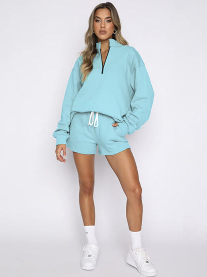 Jogging Outfit- Run-Ready Tracksuit Sweatshorts and Sweatshirt for Active Jogging- Sky blue azure- Pekosa Women Clothing