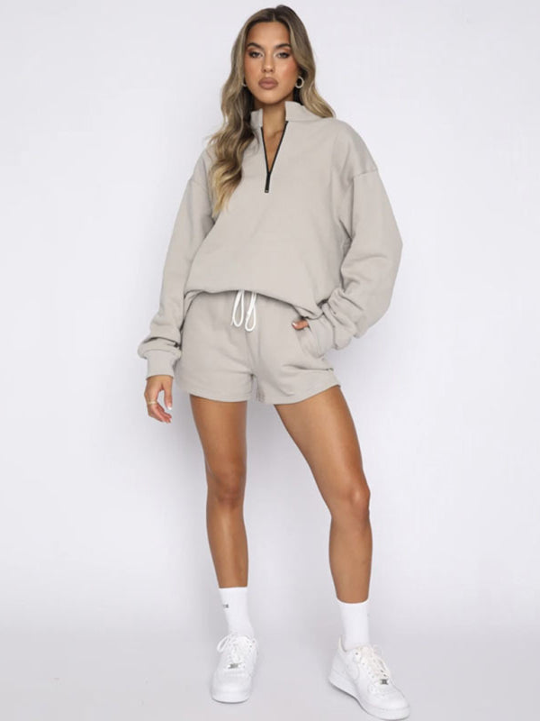 Jogging Outfit- Run-Ready Tracksuit Sweatshorts and Sweatshirt for Active Jogging- Misty grey- Pekosa Women Clothing