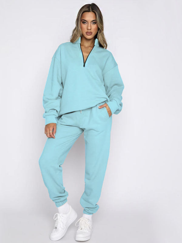 Jogging Outfit- Sporty Lounge Wear Cozy Sweatpants and Zip-Up Sweatshirt Pair- Sky blue azure- Pekosa Women Clothing