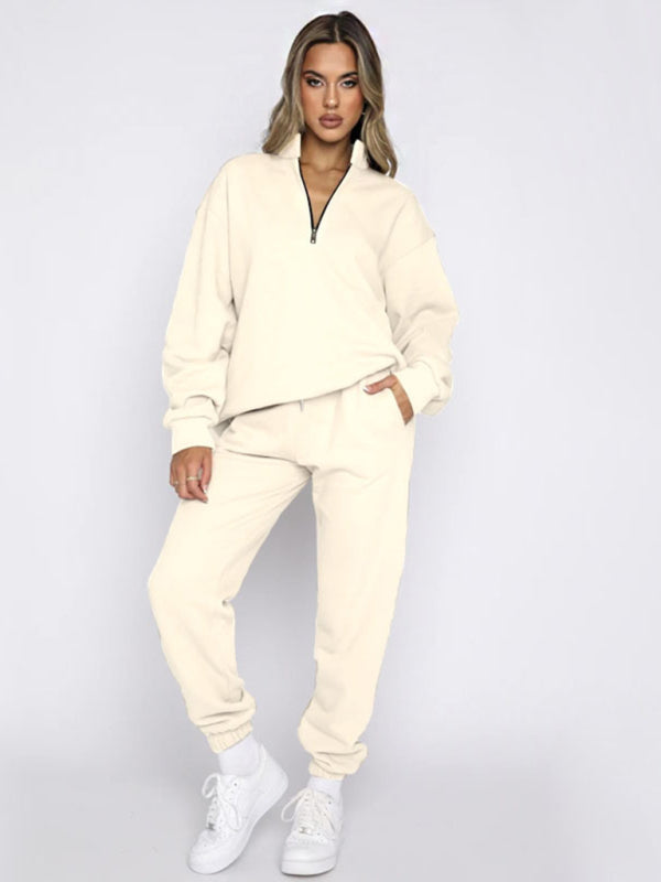 Jogging Outfit- Sporty Lounge Wear Cozy Sweatpants and Zip-Up Sweatshirt Pair- Cracker khaki- Pekosa Women Clothing