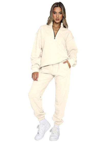 Jogging Outfit- Sporty Lounge Wear Cozy Sweatpants and Zip-Up Sweatshirt Pair- - Pekosa Women Clothing