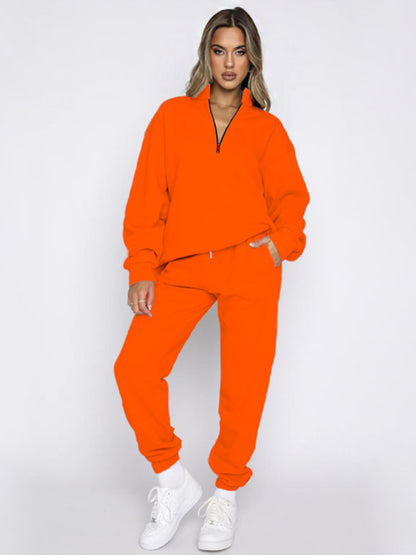 Jogging Outfit- Sporty Lounge Wear Cozy Sweatpants and Zip-Up Sweatshirt Pair- Orange Red- Pekosa Women Clothing